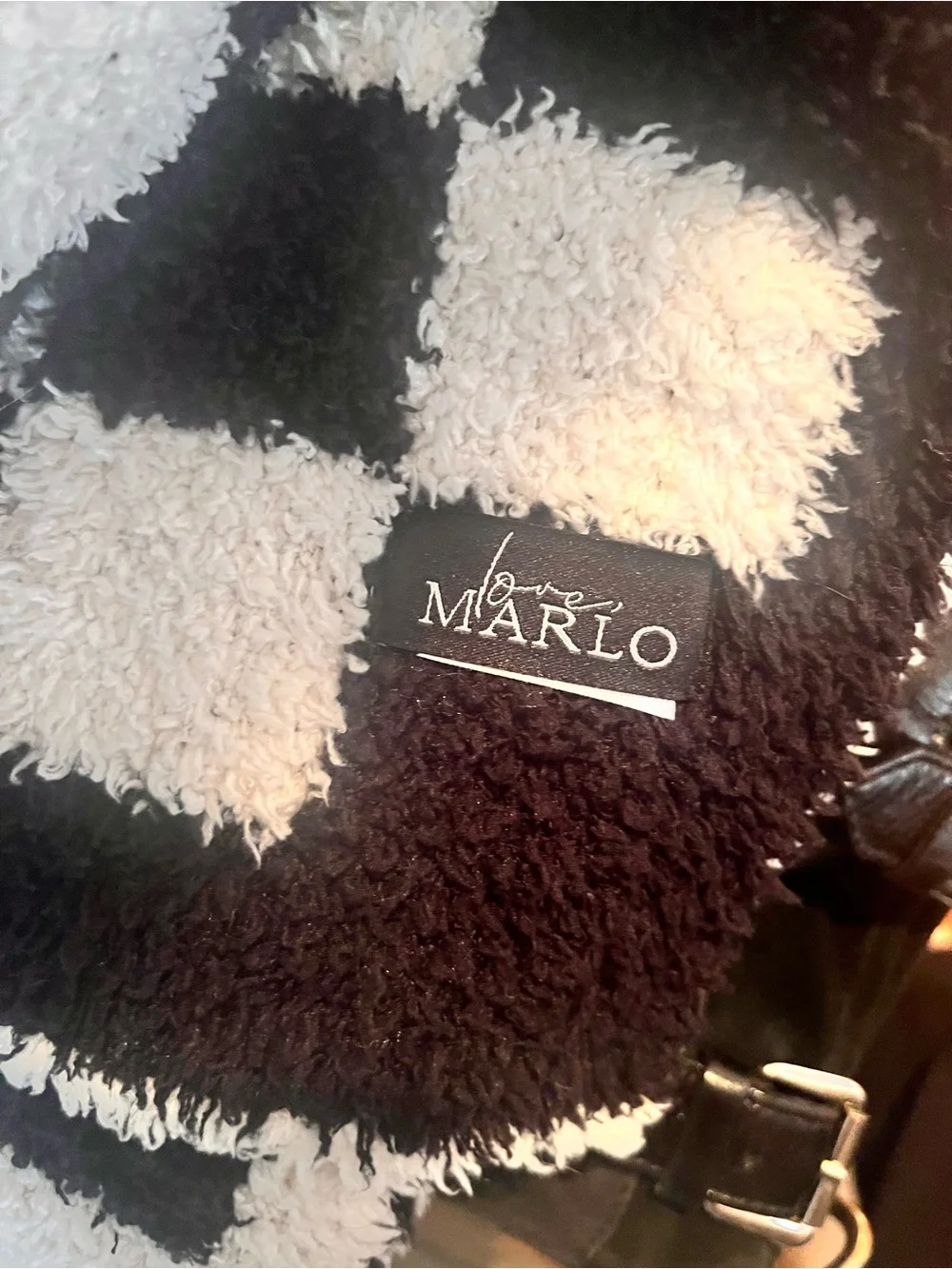 Marlo Black Cream Checkerboard Plush Knit Scarf 86”